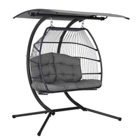 Gardeon 2 seater outdoor wicker egg swing chair with canopy, featuring a black resin wicker swing chair with a grey cushion