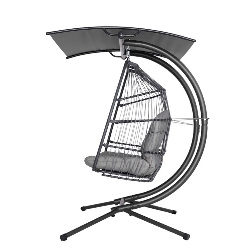 Gardeon 2 seater outdoor wicker egg swing chair with canopy, resin wicker hanging chair in black and grey seat