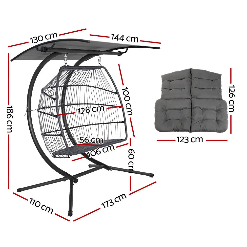 Gardeon 2 seater outdoor wicker egg swing chair with canopy, resin wicker bird cage pillow and cushion