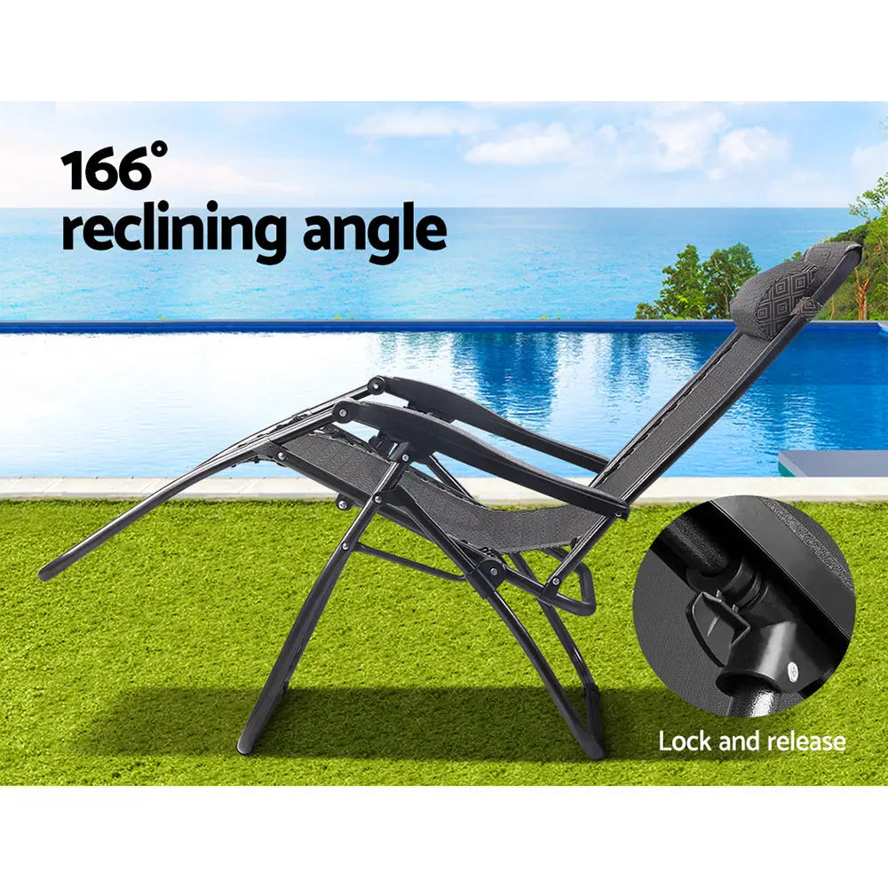 Gardeon zero gravity chair with pool view - black folding recliner, sun lounge