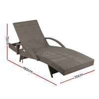 Gardeon bedarra series lounge set with adjustable cushioned wicker sun lounger, showing width measurements