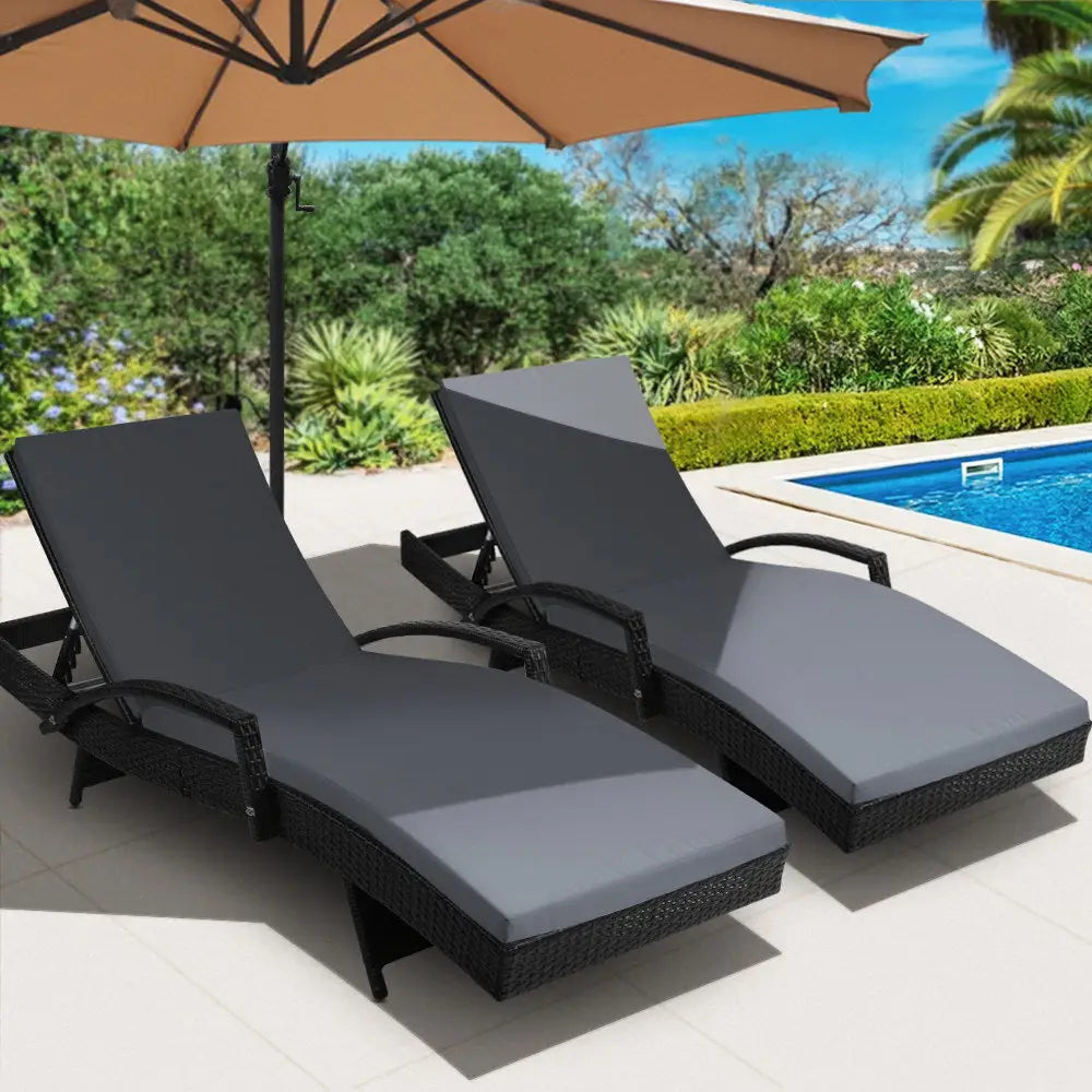 Gardeon bedarra series lounge set with two adjustable cushioned wicker sun loungers and umbrella