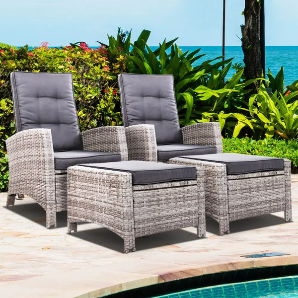 Gardeon 2pc grey wicker recliners - elegant outdoor chairs by the pool