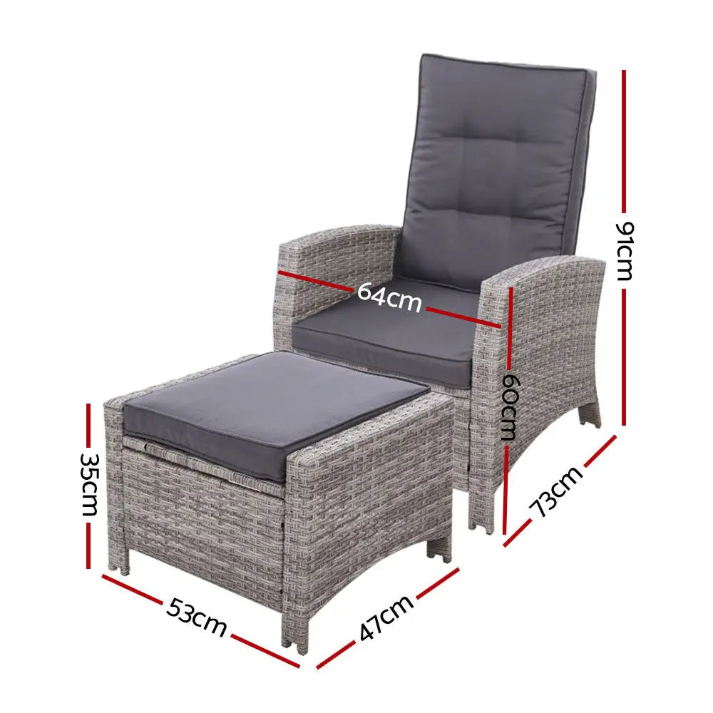 Gardeon 2pc adjustable wicker recliners - grey outdoor lounge chair dimensions