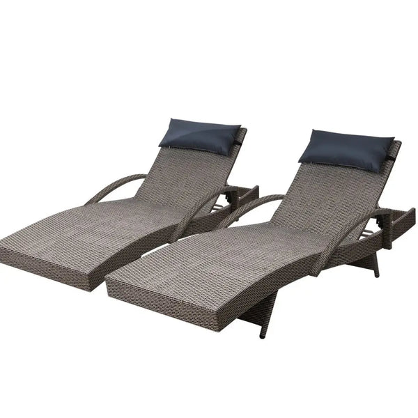 Gardeon 2x outdoor sun lounges with blue cushions and armrests