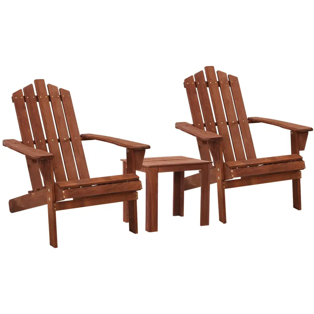 Gardeon 3pc adirondack outdoor table and chairs wooden: two modern wooden chairs with tables on each side