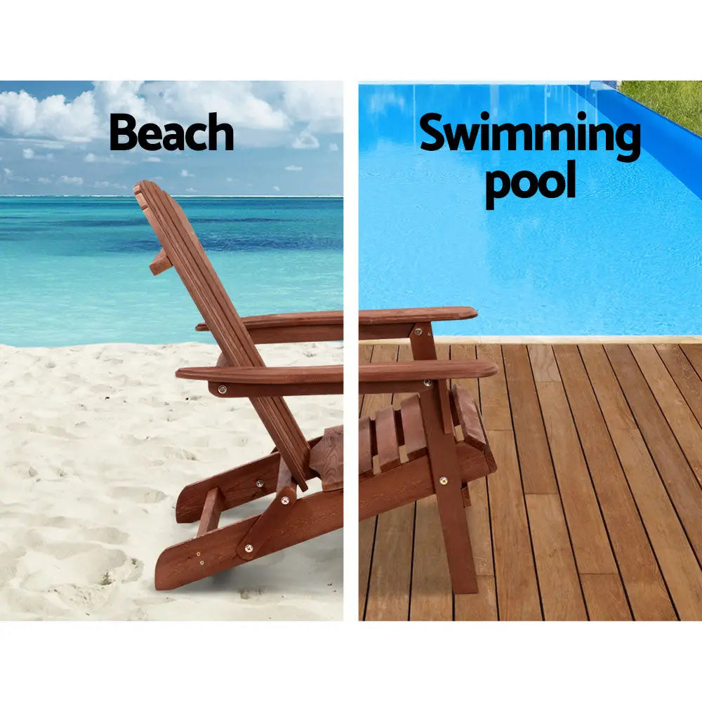 Gardeon adirondack outdoor table chair set - wooden deck chair with pool background