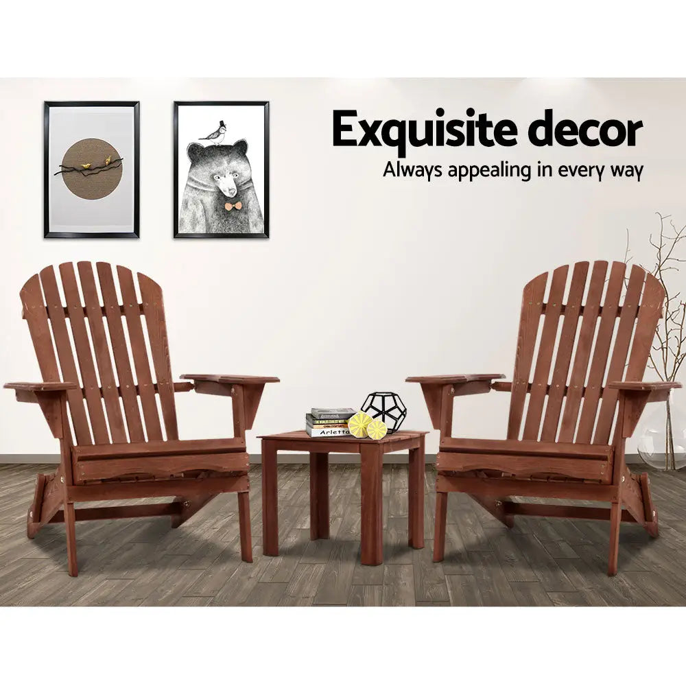 Gardeon 3pc adirondack outdoor table and chairs in brown - uber relaxing wooden chairs
