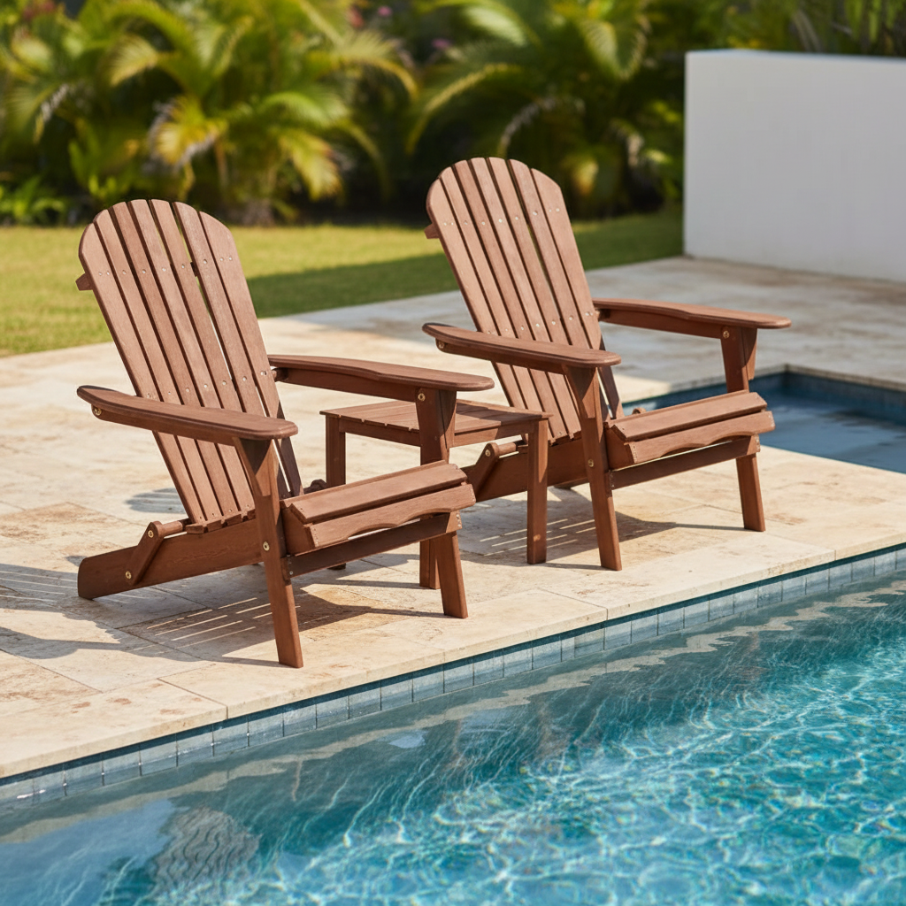 Two wooden Adirondack chairs by a pool with greenery in the background
