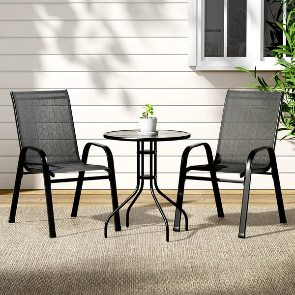 Gardeon 3pc bistro patio set outdoor table and chairs - black with plant