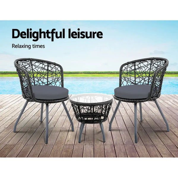 Gardeon 3pc bistro set outdoor furniture with black wicker chair and white wicker table