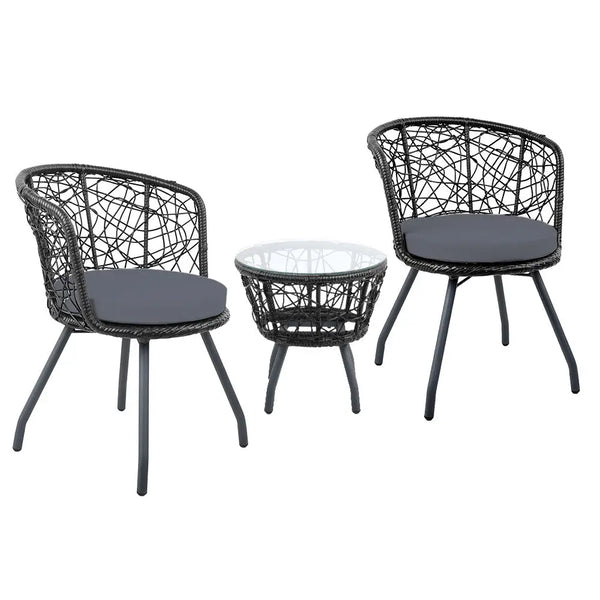 Gardeon 3pc bistro set outdoor furniture with tempered glass top, round rattan chairs and table