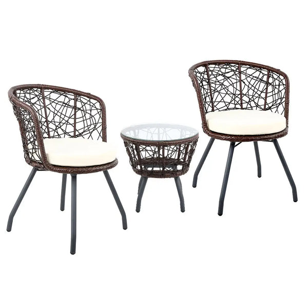 Gardeon 3pc bistro set outdoor furniture rattan table chairs patio garden cushion brown - round rattan set with white cushions