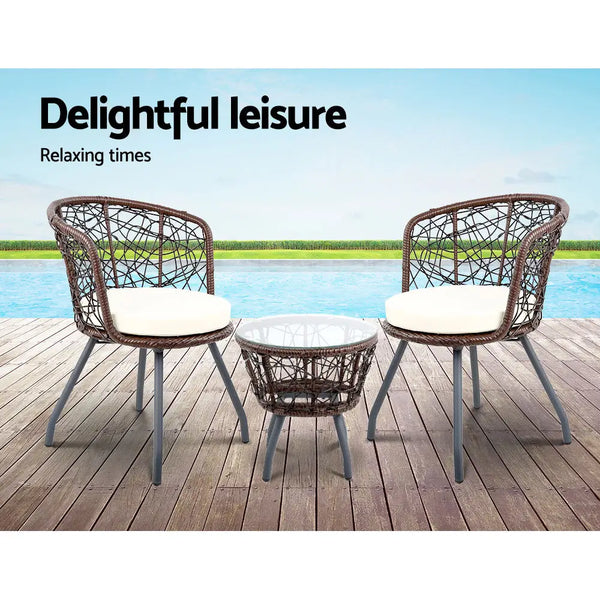 Gardeon 3pc bistro set outdoor furniture round rattan chairs on wooden deck
