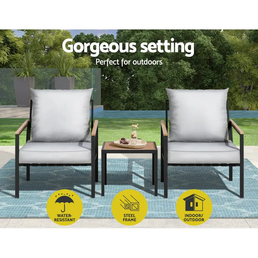 Gardeon 3pc outdoor bistro lounge setting x2 chairs with table - black 5