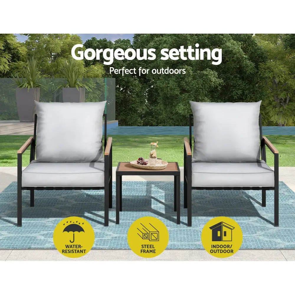 Gardeon 3pc outdoor bistro lounge setting with x2 chairs and table - black