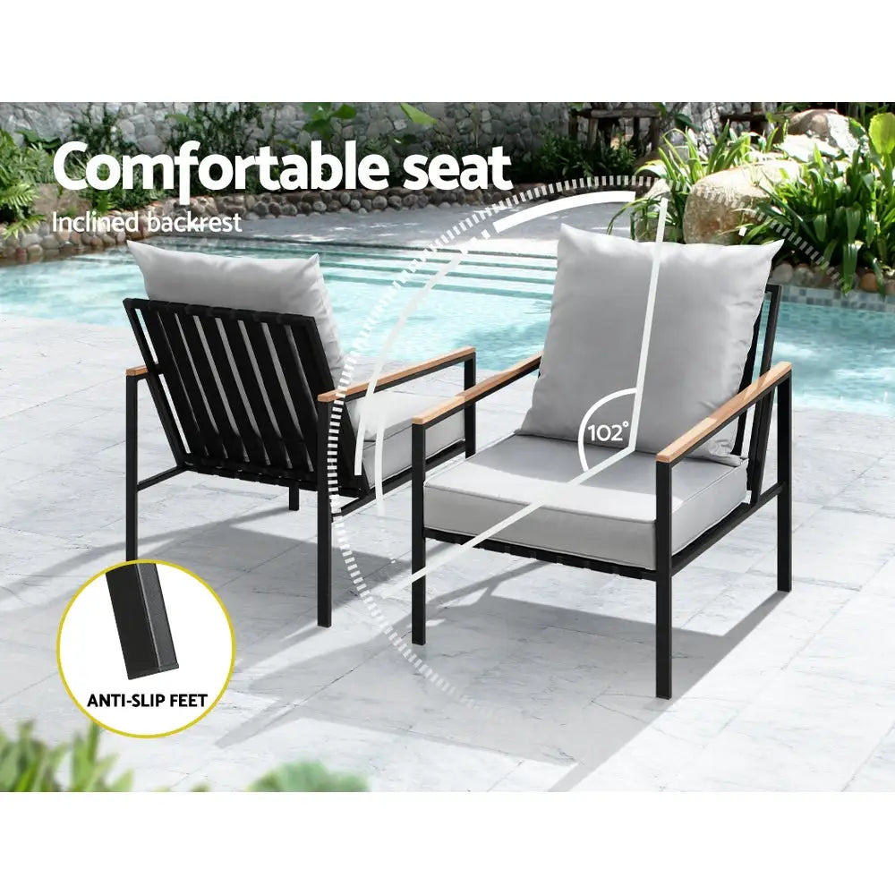 Gardeon 3pc outdoor bistro lounge setting x2 chairs with table - black 7