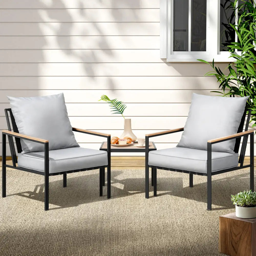 Gardeon 3-piece outdoor lounge setting with black chairs on patio