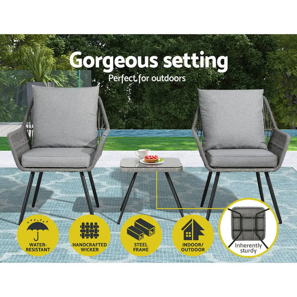 Gardeon 3pc outdoor bistro lounge setting grey - 2pc patio furniture set