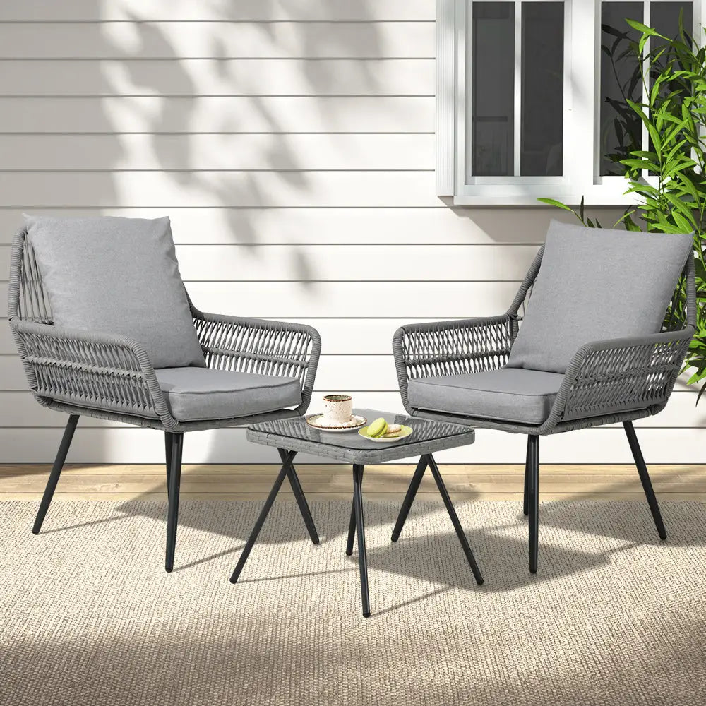 Gardeon 3-piece outdoor bistro lounge setting with chairs and table - grey featuring variety of styles