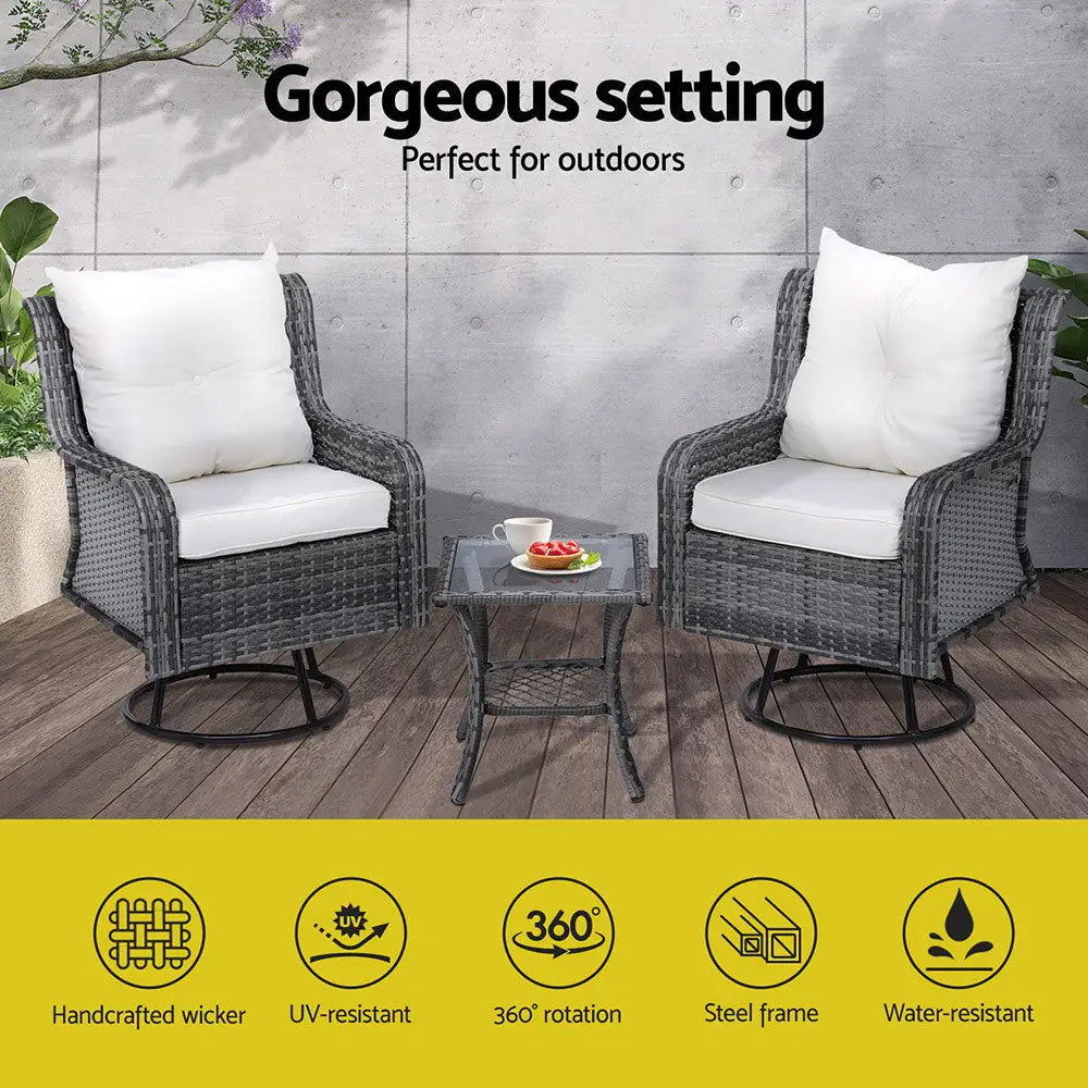 Gardeon 3pc outdoor bistro set wicker swivel chairs table cushion - grey 3