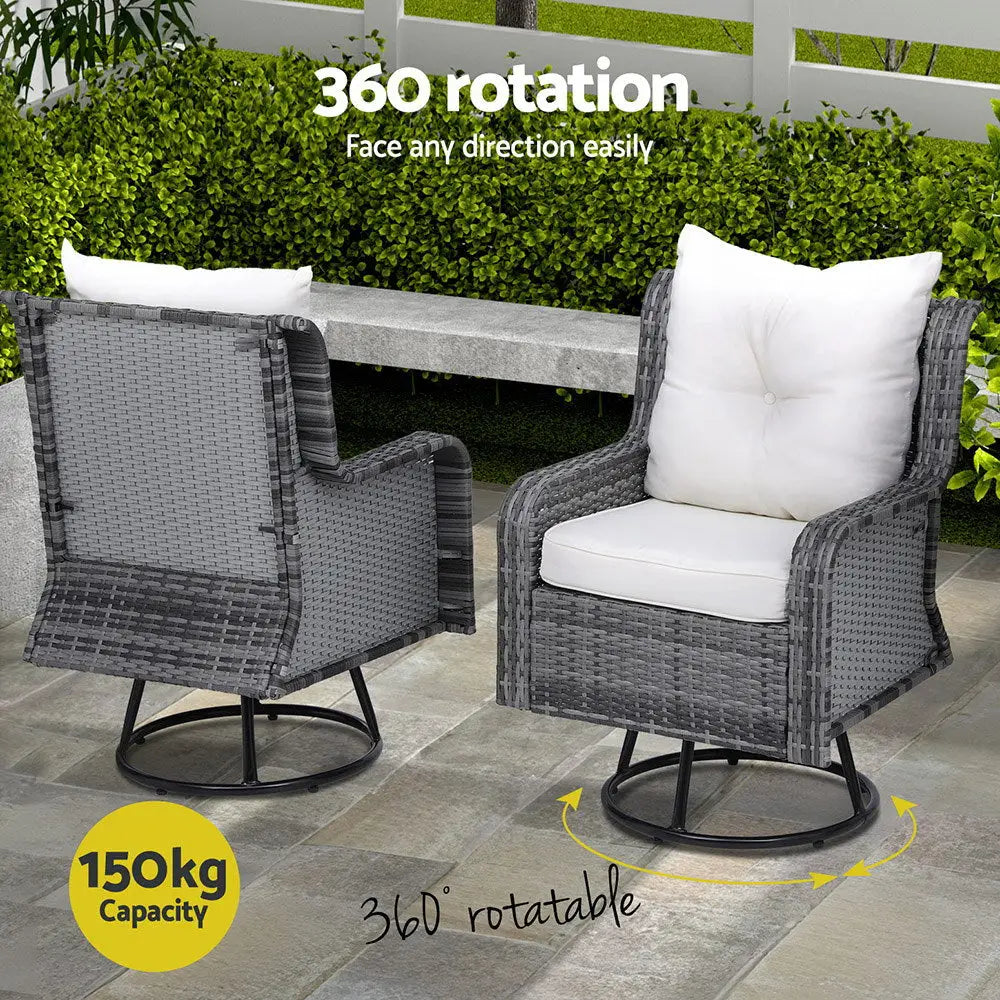 Gardeon 3pc outdoor bistro set wicker swivel chairs table cushion - grey 4