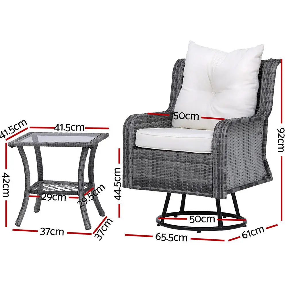Gardeon 3pc outdoor bistro set wicker swivel chairs table cushion - grey 6