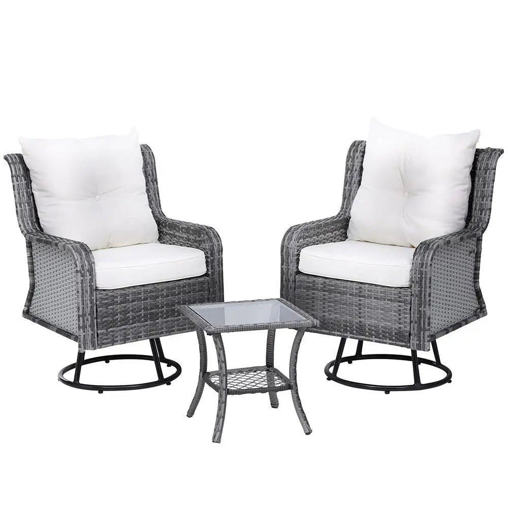 Gardeon 3pc outdoor bistro set wicker swivel chairs table cushion - grey 1