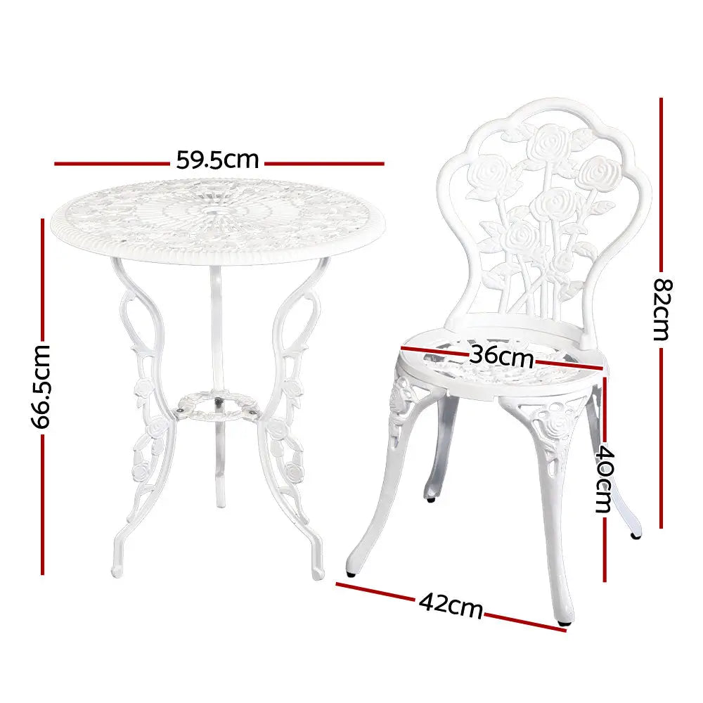 White plastic outdoor patio furniture set - gardeon 3pc outdoor setting bistro chairs table cast aluminium - rose white