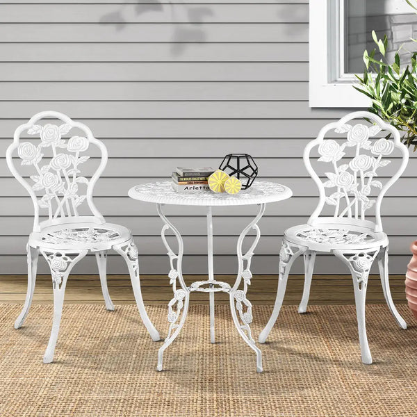 Gardeon 3pc outdoor setting bistro chairs table cast aluminium - rose white - bistro set