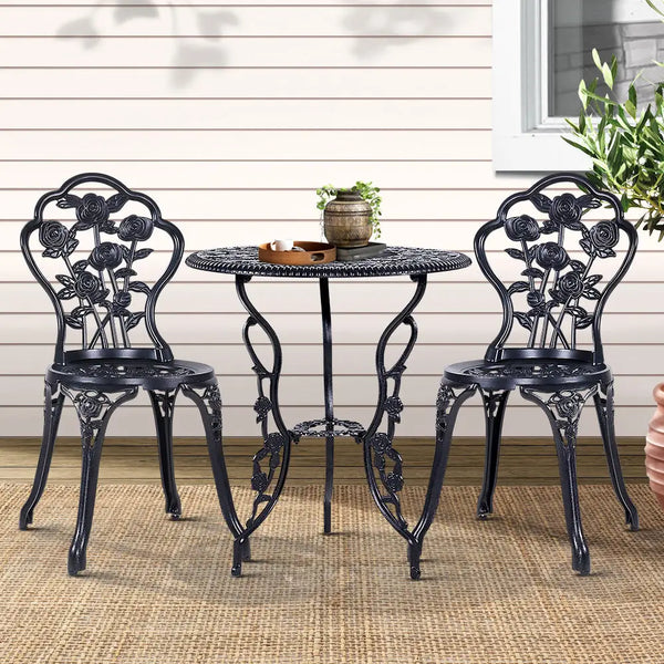 Gardeon 3pc outdoor setting bistro chairs table cast aluminium - rose white/black - bistro set with black metal patio table and chairs