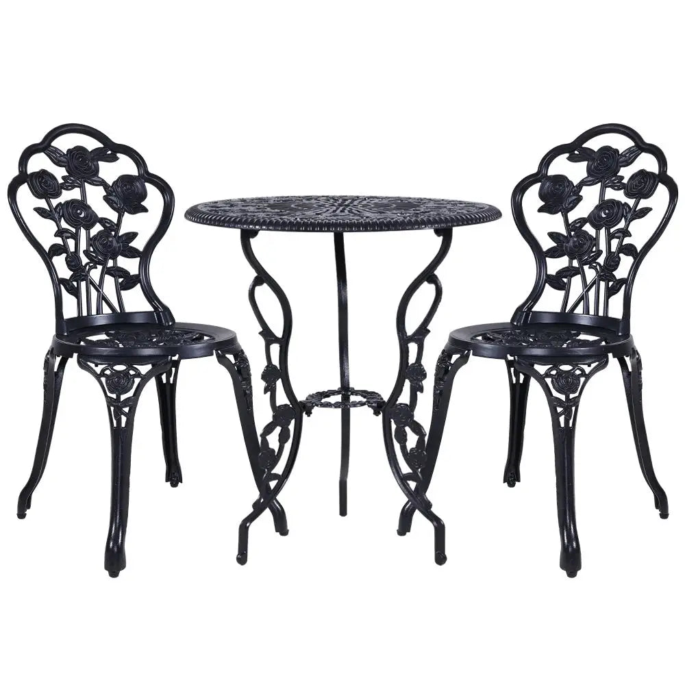 Gardeon 3pc outdoor setting bistro set - black wrought patio table and chairs