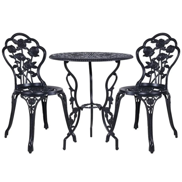 Gardeon 3pc outdoor setting bistro set - black wrought patio table and chairs