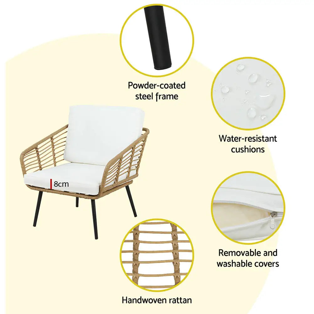 Gardeon 2-seater outdoor sofa set with cushion and pillow - natural & white, 72cm x 87cm