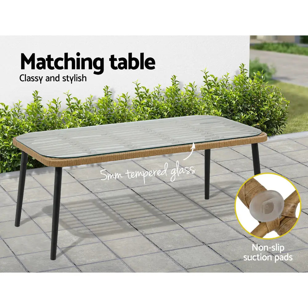 Gardeon 4-piece outdoor sofa set rattan - natural & white with 2-seater sofa and tape roll on table