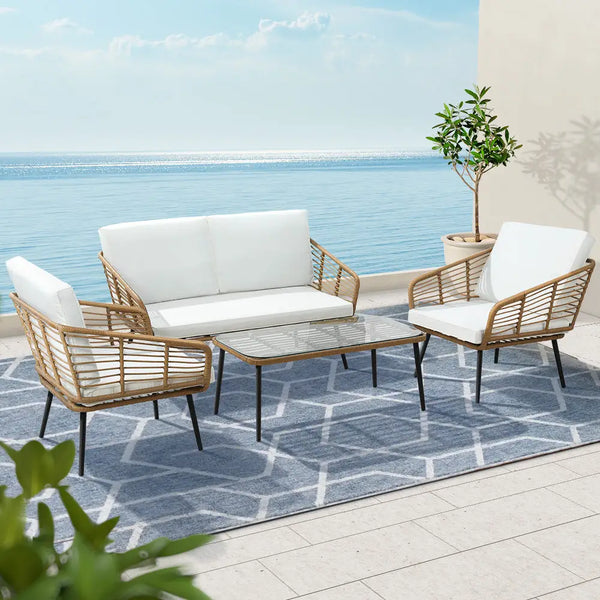 Gardeon 4-piece outdoor sofa set rattan - natural & white with white cushions, blue rug