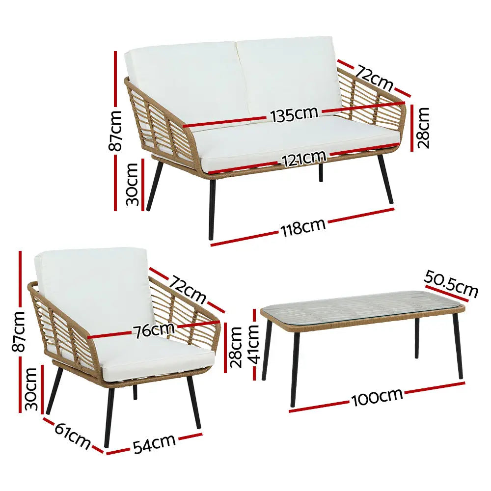 Gardeon 4-piece outdoor sofa set rattan - natural & white with gorgeous outdoor setting - 2-seater sofa and table measuring 72cm