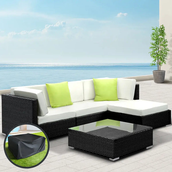 Gardeon 5-pce outdoor sofa set wicker lounge with green cushions