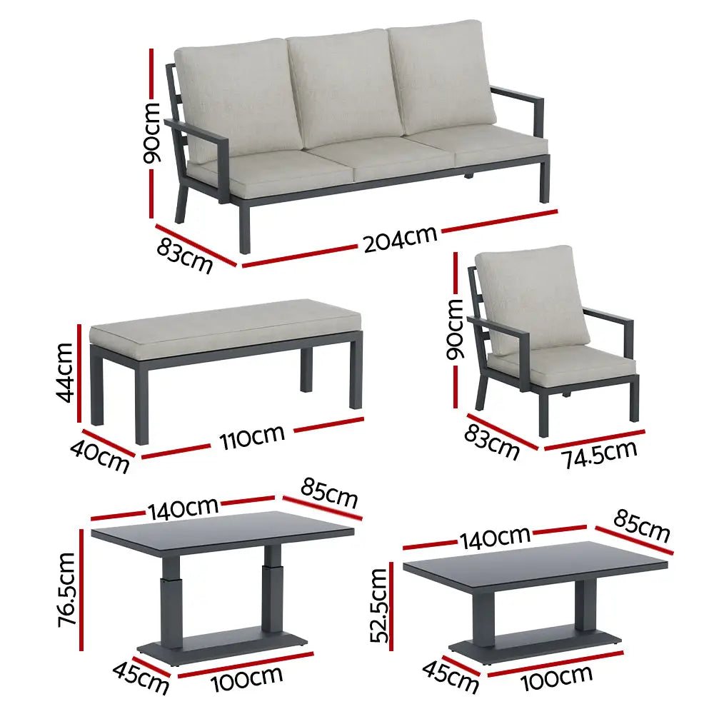 Gardeon 5-piece outdoor setting table chair set aluminium sofa 7-seater 3 seater sofa set with coffee table - 83cm x