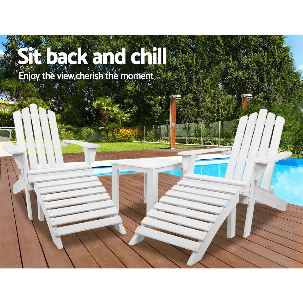 White adirondack chair with pool in background - gardeon 5pc outdoor wooden sun lounges