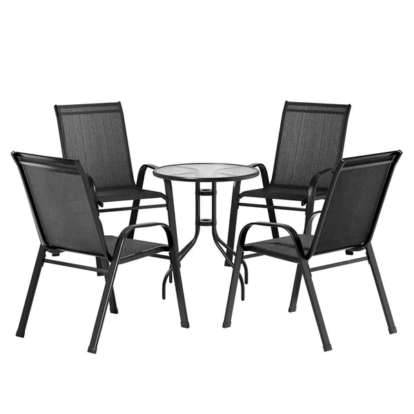 Gardeon 5pc bistro patio set outdoor table and chairs - black, featuring a black patio set with two chairs and a table
