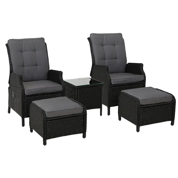 Gardeon 5pc wicker recliner set - black