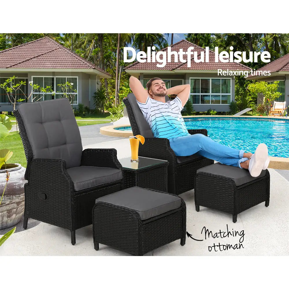 Gardeon 5pc black wicker recliner set - outdoor patio furniture collection