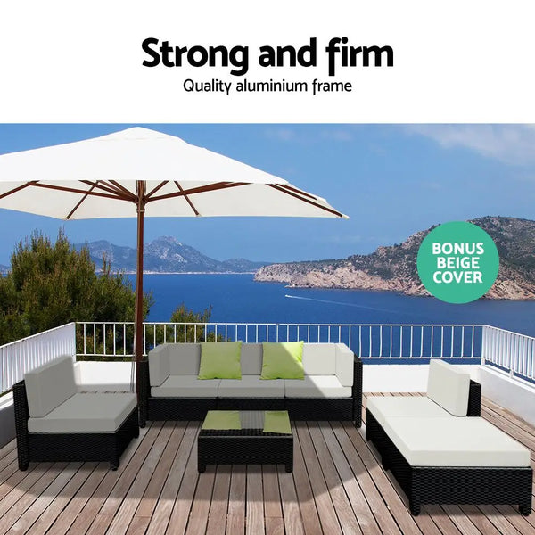 Gardeon 7-pc bondi outdoor sofa set wicker with free seat cover - grey - patio with white umbrella and couch