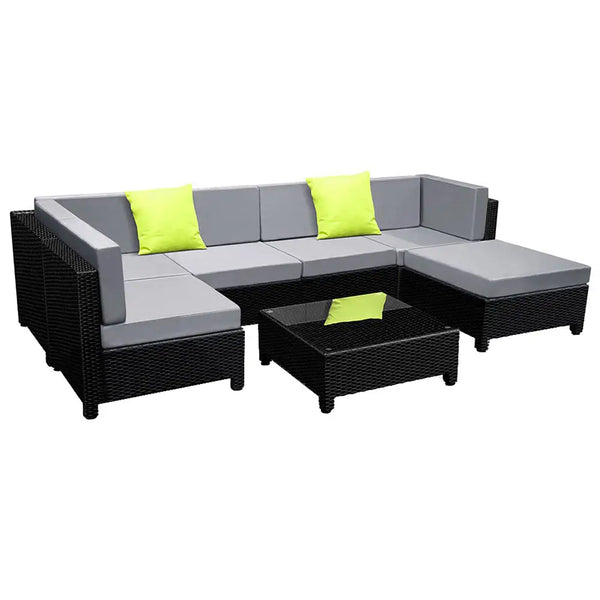 Gardeon 7-pc bondi outdoor sofa set wicker featuring yellow pillow and free seat cover - grey
