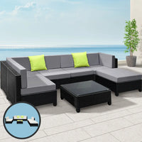 Gardeon 7-pc bondi outdoor sofa set wicker with free seat cover - grey, patio furniture set with couch and coffee table