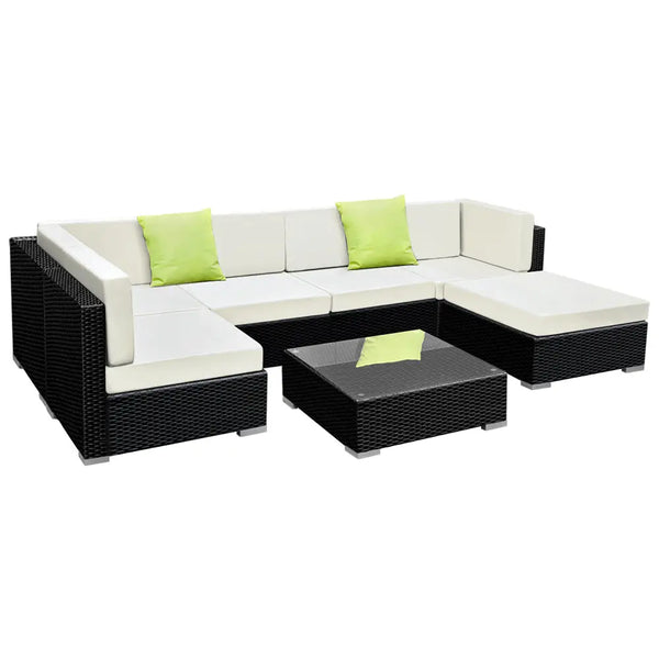 Gardeon 7-pce outdoor sofa set with white cushions and tempered glass top
