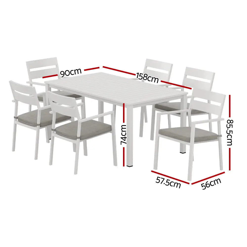 Gardeon 7pc outdoor aluminium dining set - white, 6-seater outdoor dining table and chairs set