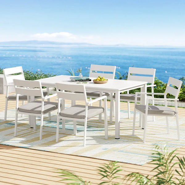 Gardeon 7pc outdoor aluminium dining set - white on deck