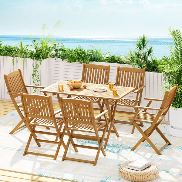 Gardeon 7pc outdoor dining set acacia wood foldable - oak on wooden patio deck